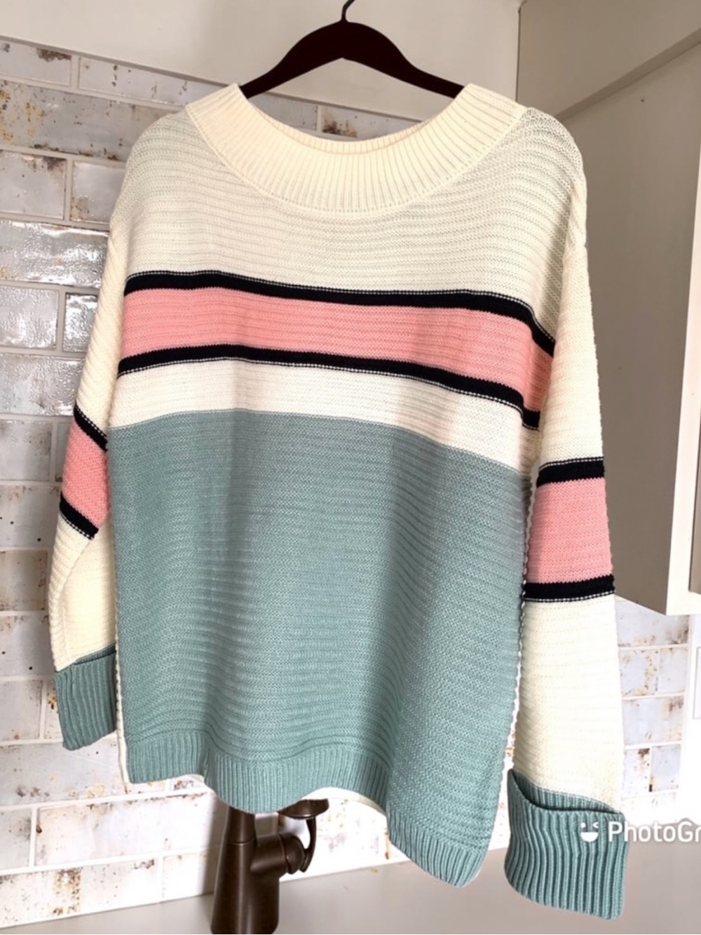 NEW Varsity Stripe Knit Crewneck Pullover Sweater Women’s Sizes Multi Pink White - Picture 3 of 12